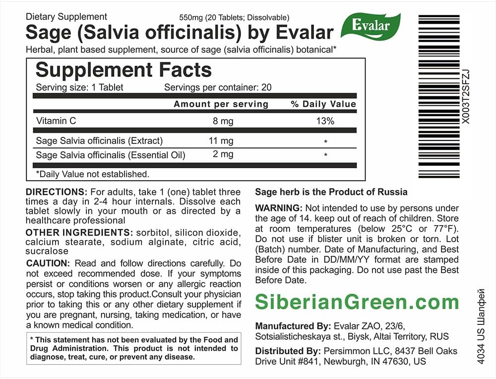 Evalar Sage (Salvia officinalis) Dissolvable Tablets – 20 Tablets - görsel 2