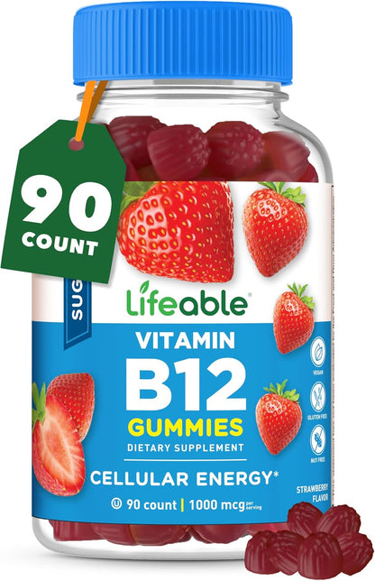 Lifeable Sugar Free Vitamin B12 Gummies - 1000 mcg - Strawberry Flavour - 90 Gummies