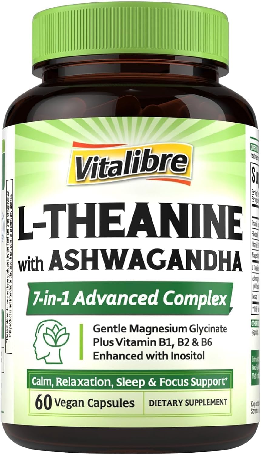 Vitalibre L Theanine Supplement 200mg | 7 in 1 L-Theanine with Magnesium Glycinate, Ashwagandha, Inositol, Vitamin B1 B2 B6 | Gluten-free, for Calm, Relaxation, Sleep and Focus Support, 120 Vegan Capsules - görsel 9