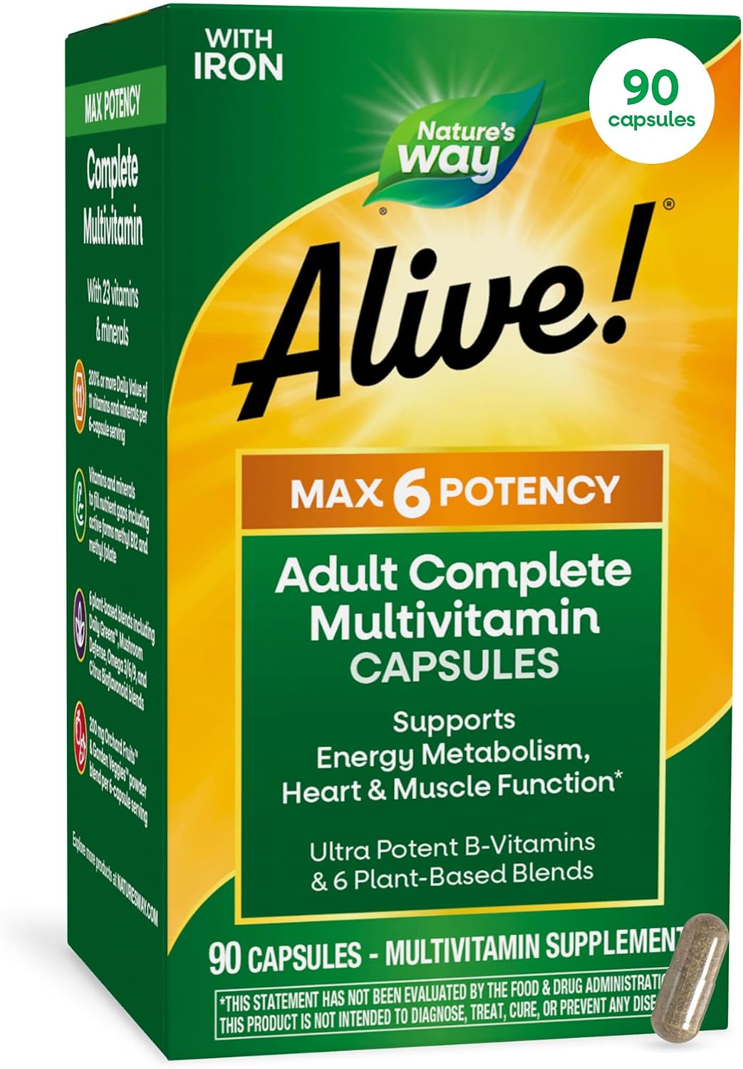 Nature's Way Alive! Max6 Potency Adult Complete Multivitamin with Iron, Methylated B12 & Folate, 90 Capsules - görsel 1