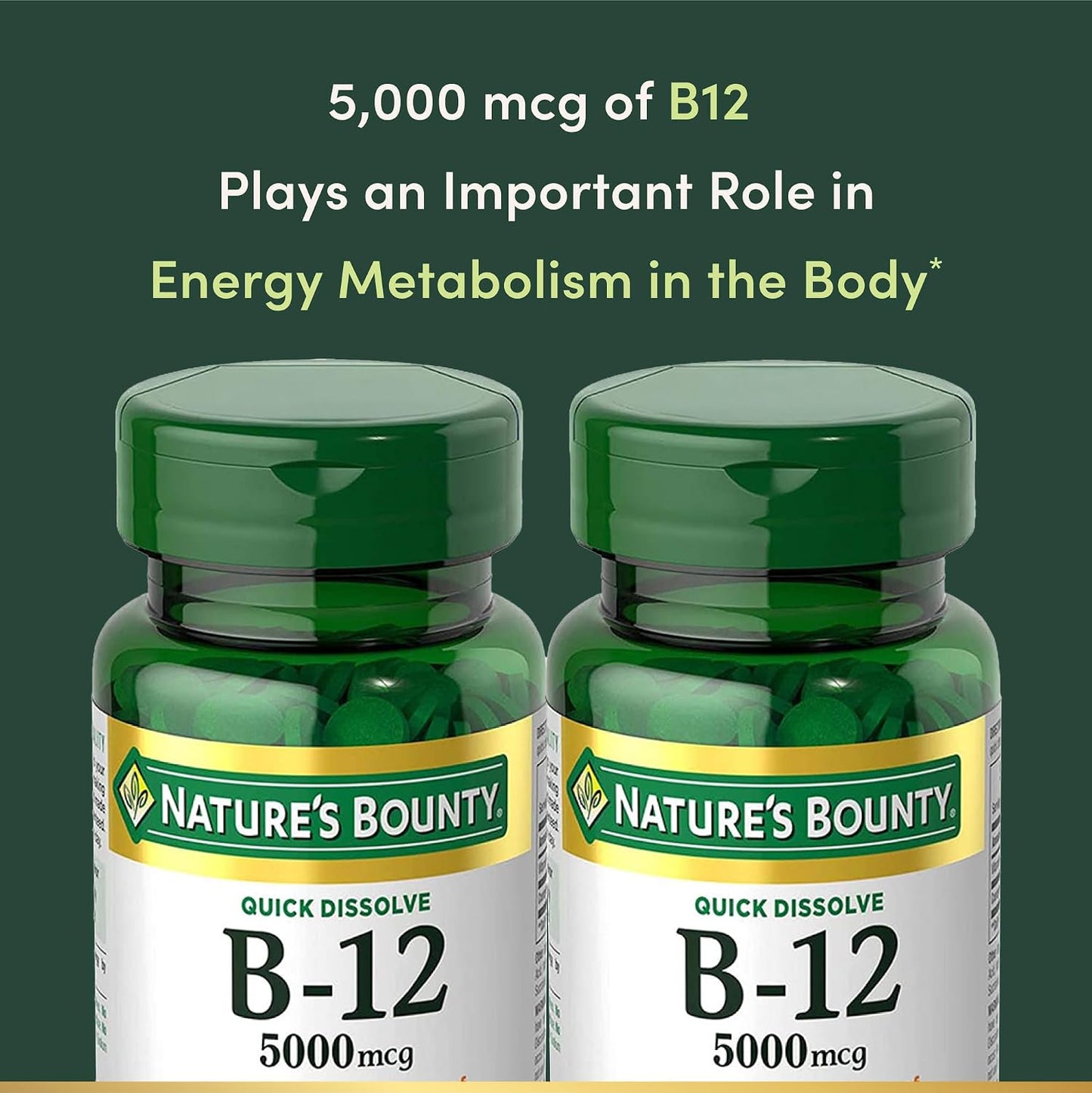 Vitamin B12 by Nature's Bounty, Quick Dissolve Vitamin Supplement, Supports Energy Metabolism and Nervous System Health, 5000mcg, 40 Tablets (Pack of 2) - görsel 3