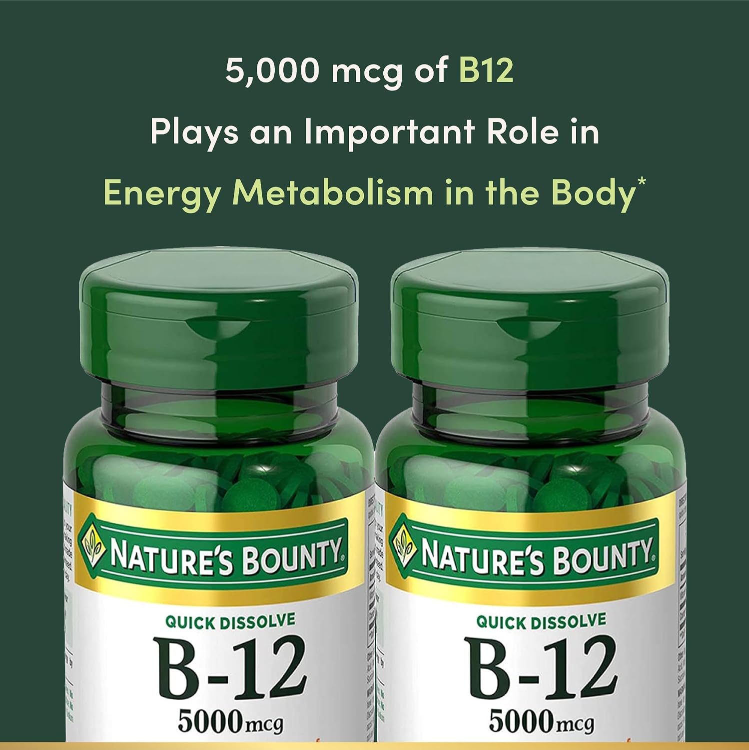 Vitamin B12 by Nature's Bounty, Quick Dissolve Vitamin Supplement, Supports Energy Metabolism and Nervous System Health, 5000mcg, 40 Tablets (Pack of 2) - görsel 3