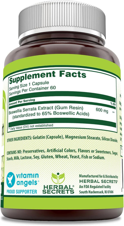 Herbal Secrets Boswellia Serrata Extract | 65% Boswellic Acids | 600mg Per Capsule | 60 Capsules | Non-GMO | Gluten-Free | Made in USA