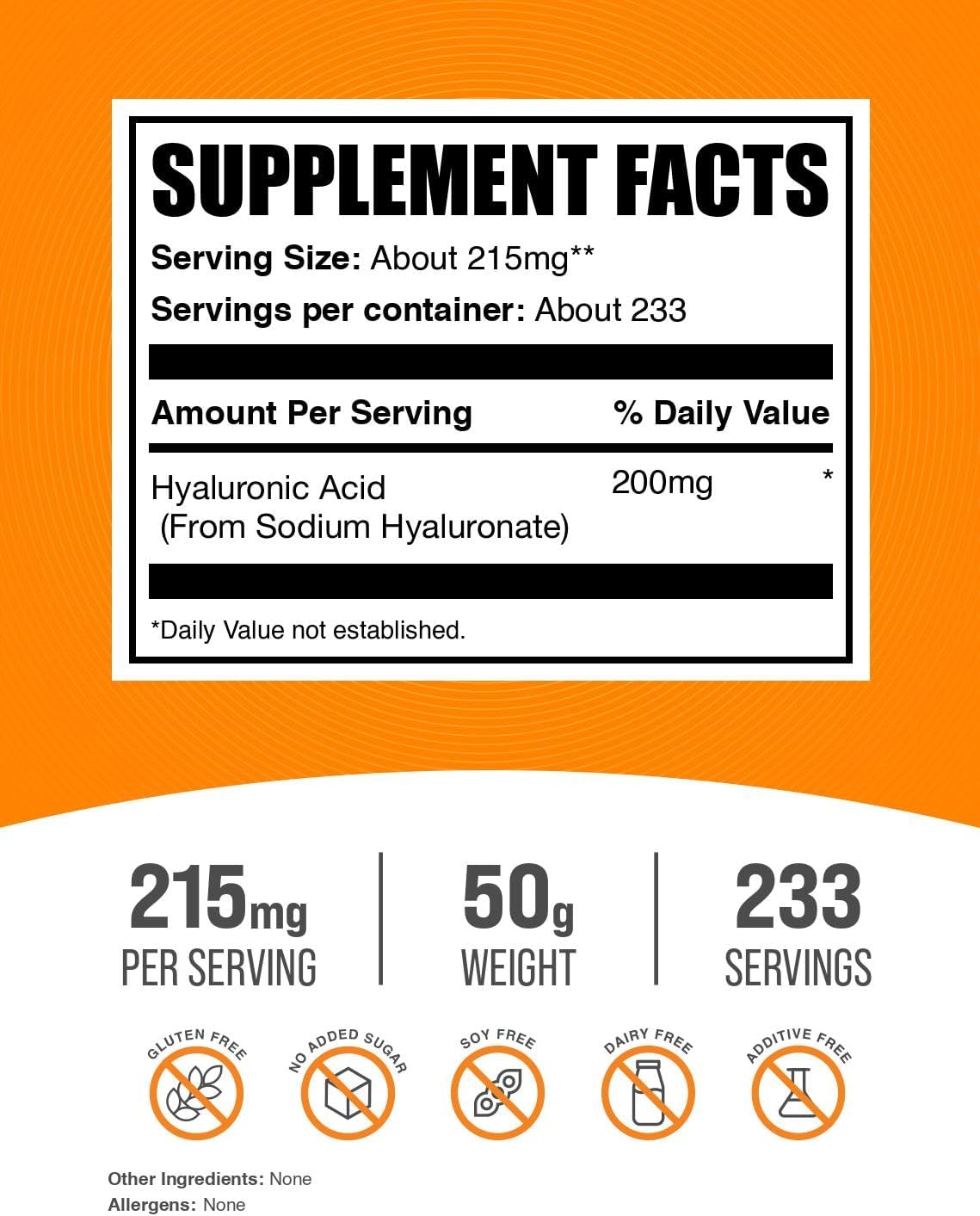 BulkSupplements.com Hyaluronic Acid Powder – Sodium Hyaluronate, 215mg per Serving, 50g - görsel 2