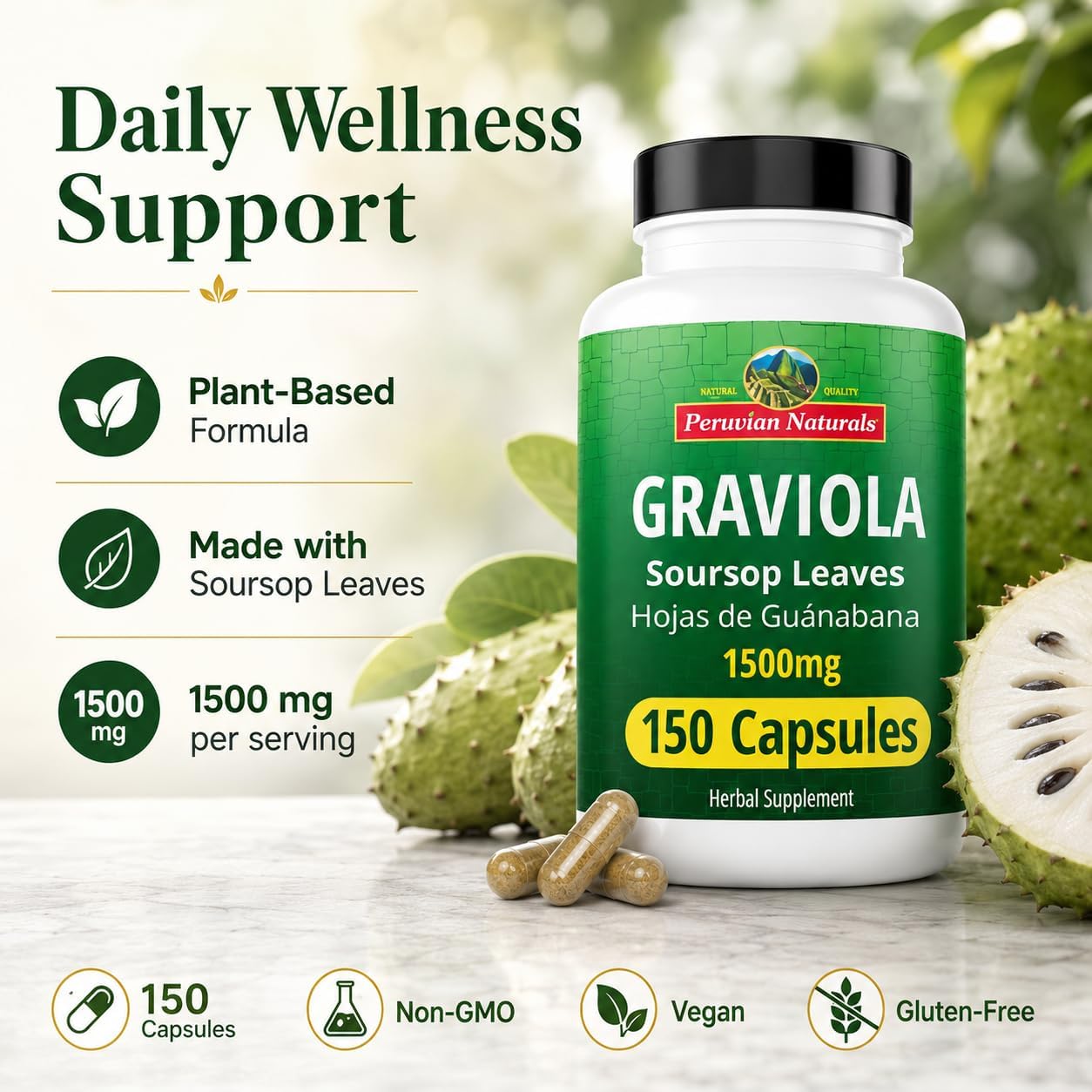 Peruvian Naturals Graviola Soursop Capsules – 1500 mg Premium Soursop Extract, 150 Count - görsel 6