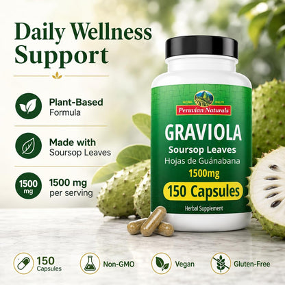 Peruvian Naturals Graviola Soursop Capsules – 1500 mg Premium Soursop Extract, 150 Count
