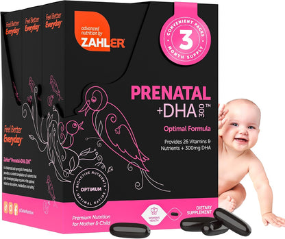 Zahler Prenatal +DHA 300 - Prenatal Vitamin with Methylated Folate & DHA for Pregnant Women - Support for Mum & Baby - Kosher, Gluten-free, Dairy-free - 180 Softgels