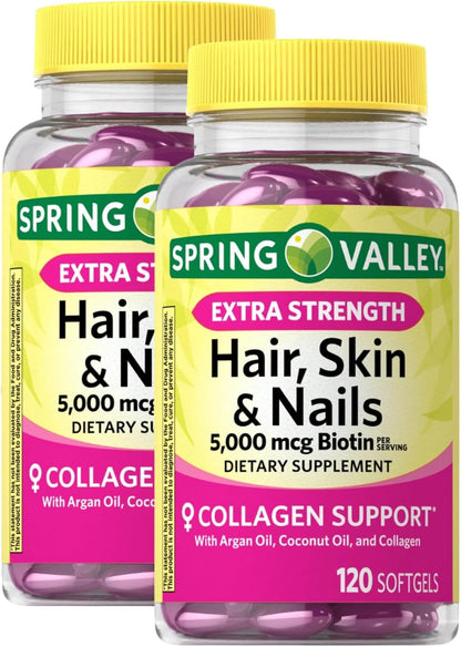 Extra Strength Hair Skin Nails 5000 mcg Biotin 120 Soft Capsules - Hair Skin Nails Vitamins for Women with Collagen Support (Pack of 2)