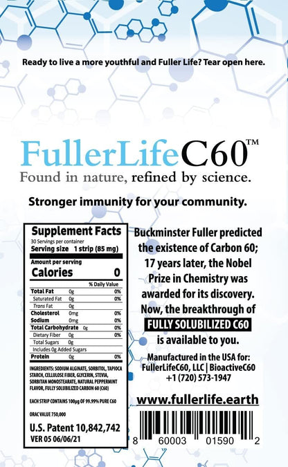 Carbon 60 Antioxidant Dissolvable Strips – Pure 99.99% C60, Solvent Free, 30 Count