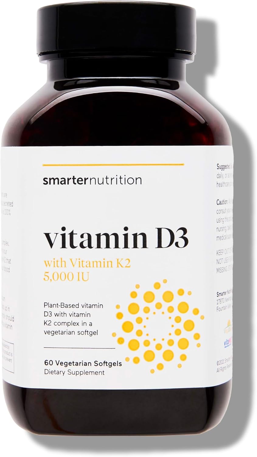 SMARTERNUTRITION Vegan Vitamin D3 5000 IU + Vitamin K2 1100 mcg – D3 K2 Supplement for Immune & Bone Health, 60 Softgels - görsel 1