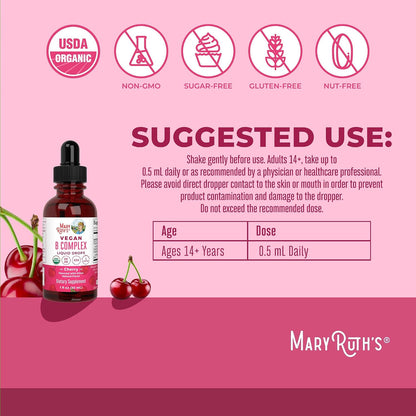 MaryRuth's Organics Vitamin B Complex Liquid Drops - Organic, Vegan, Non-GM, Gluten-free, Cherry Flavour - 2 Month Supply