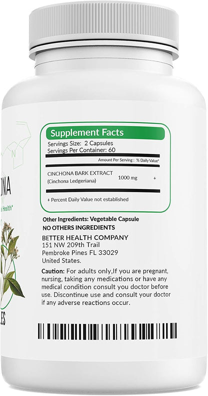 Better Health Quinine Cinchona Bark Extract Herbal Food Supplement for Digestive Comfort & Leg Cramp Relief – 500 mg (120 Capsules)