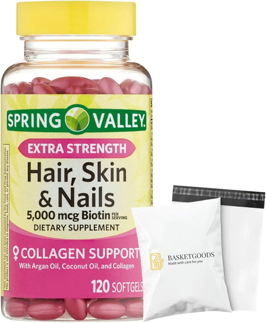 Spring Valley Extra Strength Hair, Skin & Nails Collagen Support Soft gel capsules, 5000 mcg Biotin, 120 Soft gel capsules