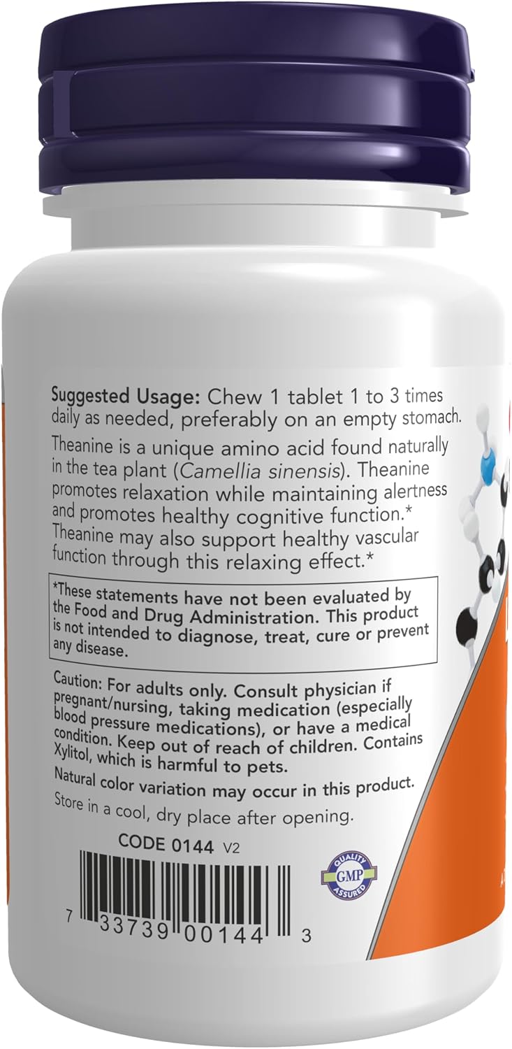 NOW Supplements, L-Theanine 100 mg with Inositol and Taurine, Calm Support*, 90 Chewables - görsel 3