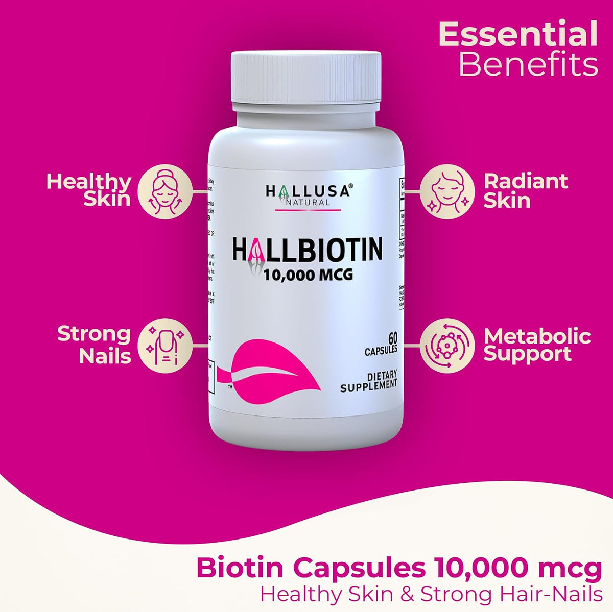 Hallusa Natural Biotin 10,000mcg, 60 Capsules - görsel 2