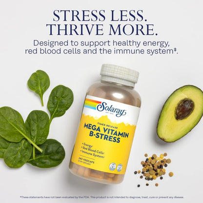 SOLARAY Mega Vitamin B-Stress - Timed Release Vitamin B Complex with Vitamin B12, B6, Folic Acid, and Vitamin C - Vegan, 240 Tablets