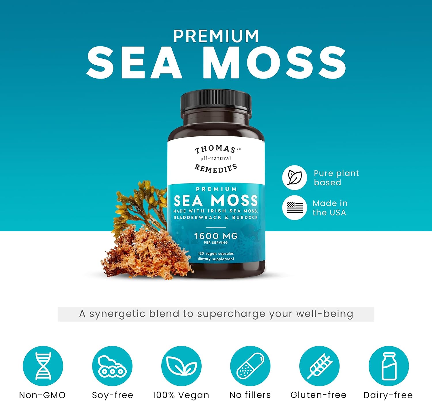 Thomas' all-natural Remedies Irish Sea Moss Capsules with Bladderwrack and Burdock Root - Organic Seamoss Capsules for Gut Health, Digestion, Energy and Immune Support (120 Capsules) - görsel 2