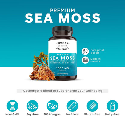 Thomas' all-natural Remedies Irish Sea Moss Capsules with Bladderwrack and Burdock Root - Organic Seamoss Capsules for Gut Health, Digestion, Energy and Immune Support (120 Capsules)