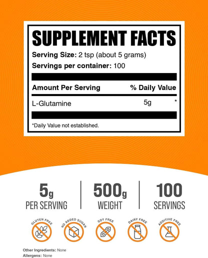 BulkSupplements L-Glutamine Powder – 500g – Unflavoured, Gluten-Free – 5g per Serving