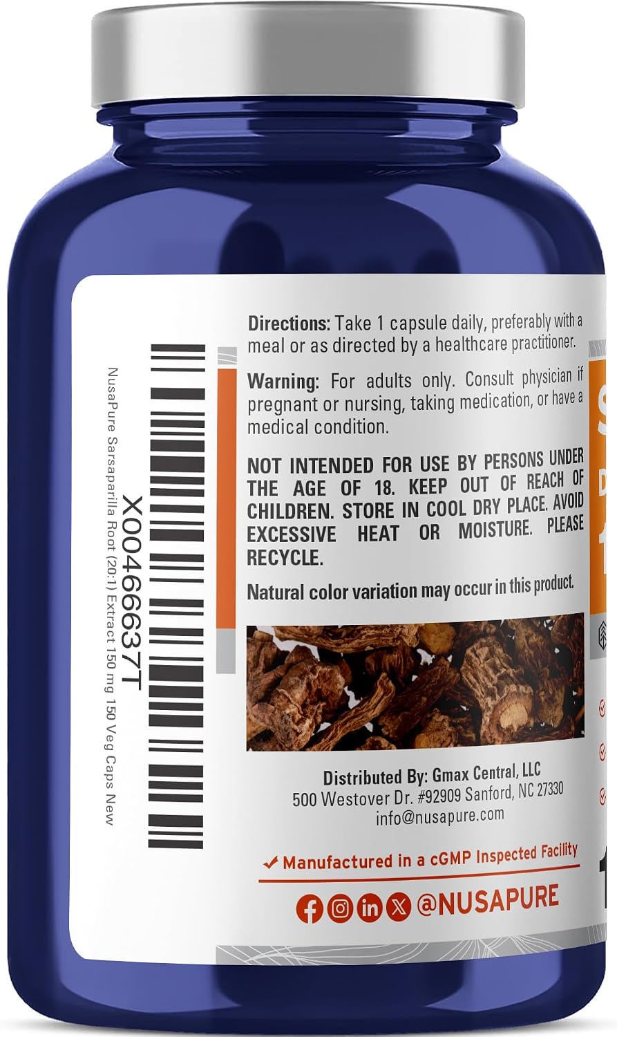 NusaPure Sarsaparilla Root Capsules, 150 mg, 150 Veg Capsules (Non-GMO, Vegan) - görsel 3