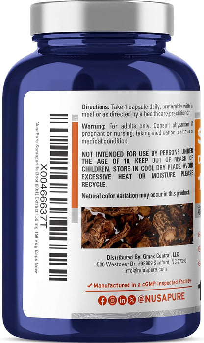 NusaPure Sarsaparilla Root Capsules, 150 mg, 150 Veg Capsules (Non-GMO, Vegan)