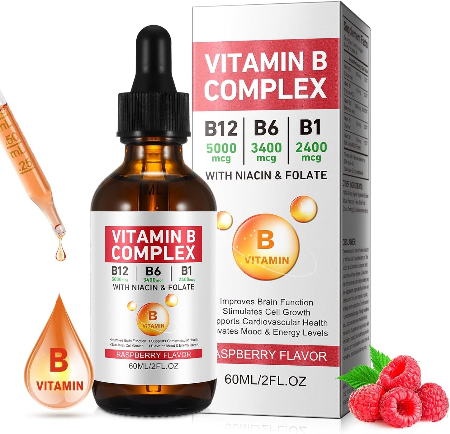 Vitamin B Complex Liquid Drops – Vegan B12 Methylcobalamin, B1 Thiamine, B6 Pyridoxine, Folic Acid, Niacin – Supports Energy, Brain & Heart Health, 40 Servings - görsel 1