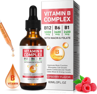 Vitamin B Complex Liquid Drops – Vegan B12 Methylcobalamin, B1 Thiamine, B6 Pyridoxine, Folic Acid, Niacin – Supports Energy, Brain & Heart Health, 40 Servings