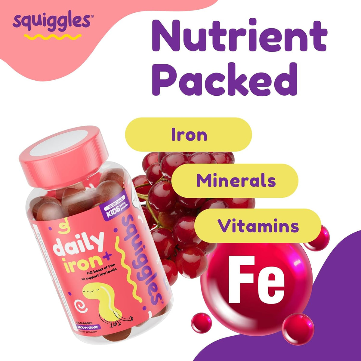 Squiggles Children's Daily Iron+ Gummies - Low Sugar, Vegan, Grape Flavour (100 Count) - görsel 6