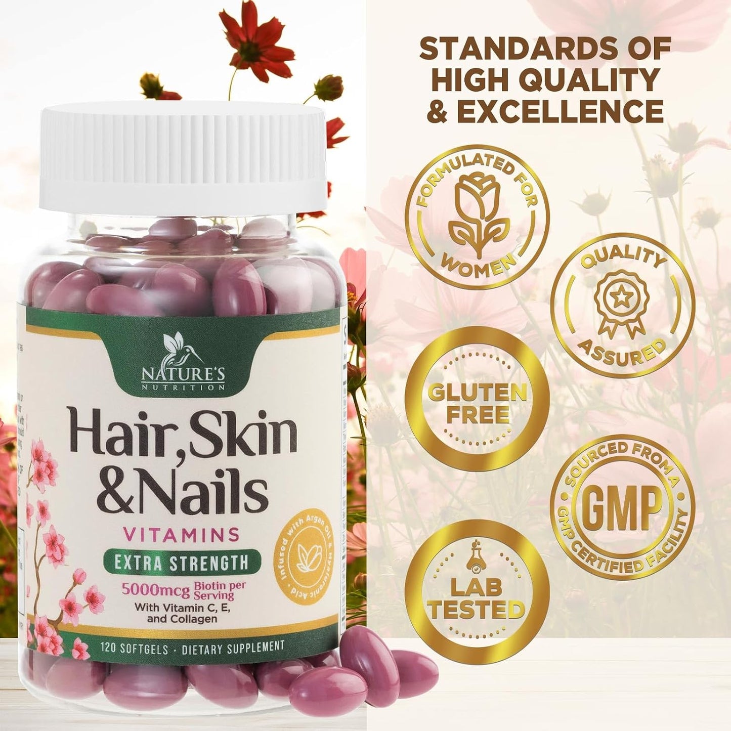 Hair, Skin and Nails Vitamins - Biotin 5000mcg with Collagen, Argan Oil and Hyaluronic Acid - 120 Softgels - görsel 4