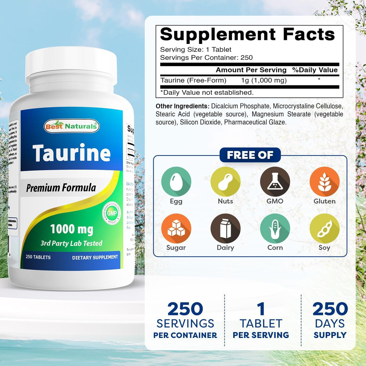 Best Naturals Taurine 1000 mg 250 Tablets - görsel 2