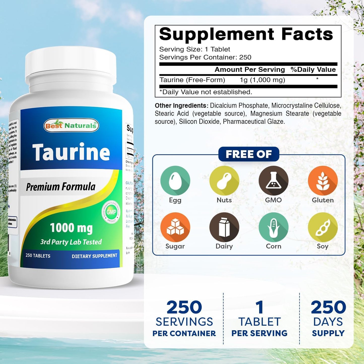 Best Naturals Taurine 1000mg, 250 Tablets (Pack of 2) - görsel 2