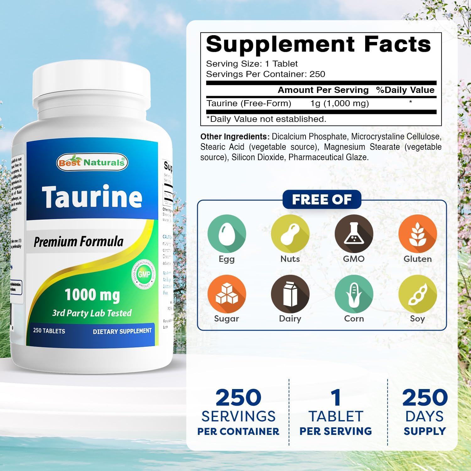 Best Naturals Taurine 1000mg, 250 Tablets (Pack of 2) - görsel 2