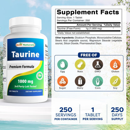 Best Naturals Taurine 1000mg, 250 Tablets (Pack of 2)