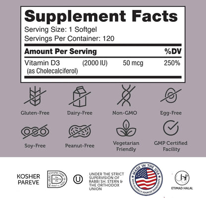 Zahler - Advanced Vitamin D3 2000 IU Softgels (120 Count) Kosher Vegetarian Friendly Vitamin D for Immune Support, Bone, Teeth and Muscle Health - Daily D3 Vitamin Supplement for Adults - Easy to Swallow
