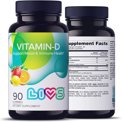 LIVS Vitamin D Gummies – 2000 IU Vitamin D3 for Immune Support, Bone & Teeth Health | Adult & Kids Vitamin D Supplement | Natural Lemon Berry & Orange Flavour | Gluten-Free | 90 Count/45 Servings