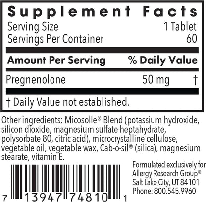 Allergy Research Group ARG Pregnenolone 50 mg - Micronised Hormone Precursor - Hypoallergenic - 60 Scored Tablets