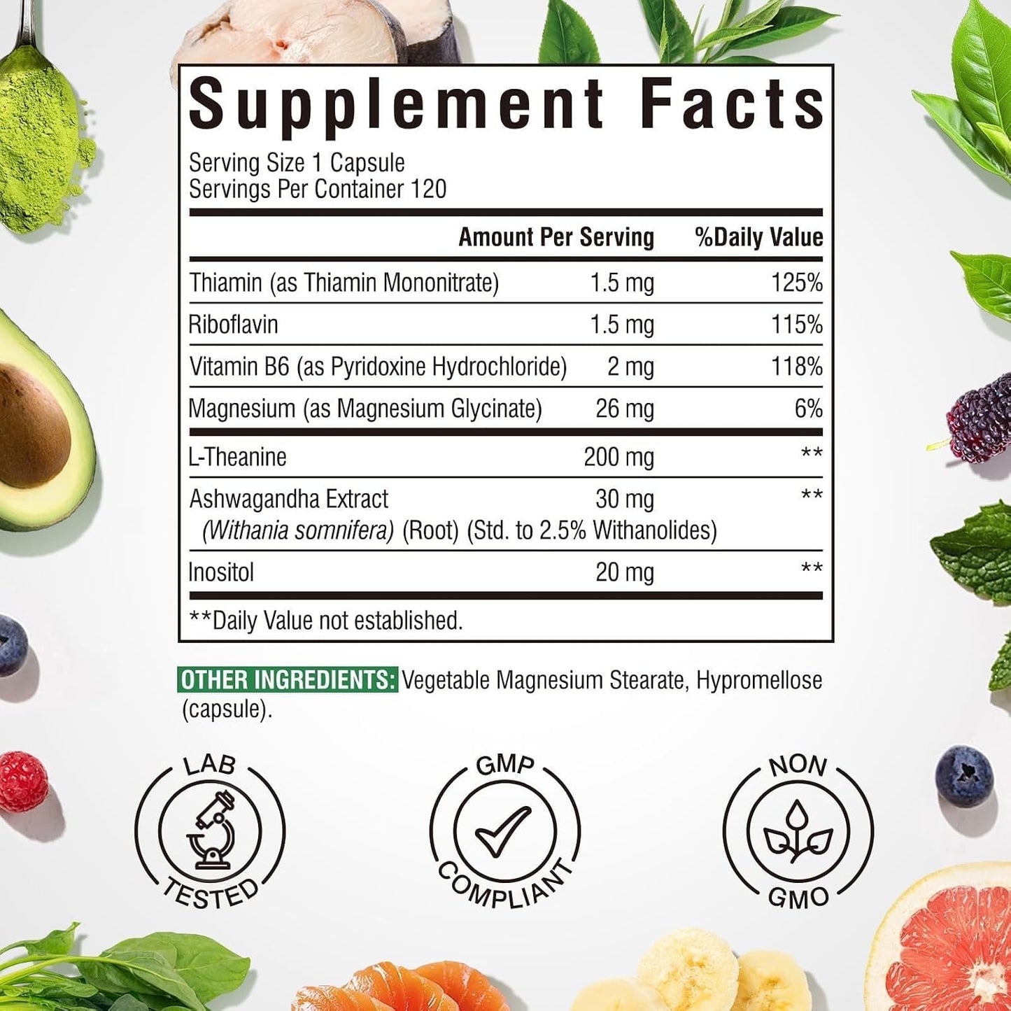 Vitalibre L Theanine Supplement 200mg | 7 in 1 L-Theanine with Magnesium Glycinate, Ashwagandha, Inositol, Vitamin B1 B2 B6 | Gluten-free, for Calm, Relaxation, Sleep and Focus Support, 120 Vegan Capsules - görsel 2