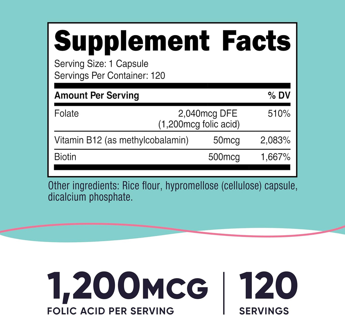 Nutricost Folic Acid (Vitamin B9) 1200 mcg with B12 and Biotin - 120 Vegetarian Capsules - Non-GMO & Gluten-free - görsel 2