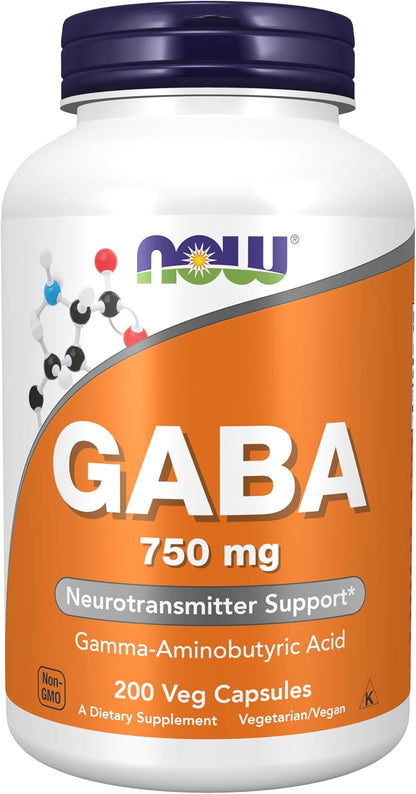 NOW Foods GABA (Gamma-Aminobutyric Acid) 750 mg, 200 Vegan Capsules