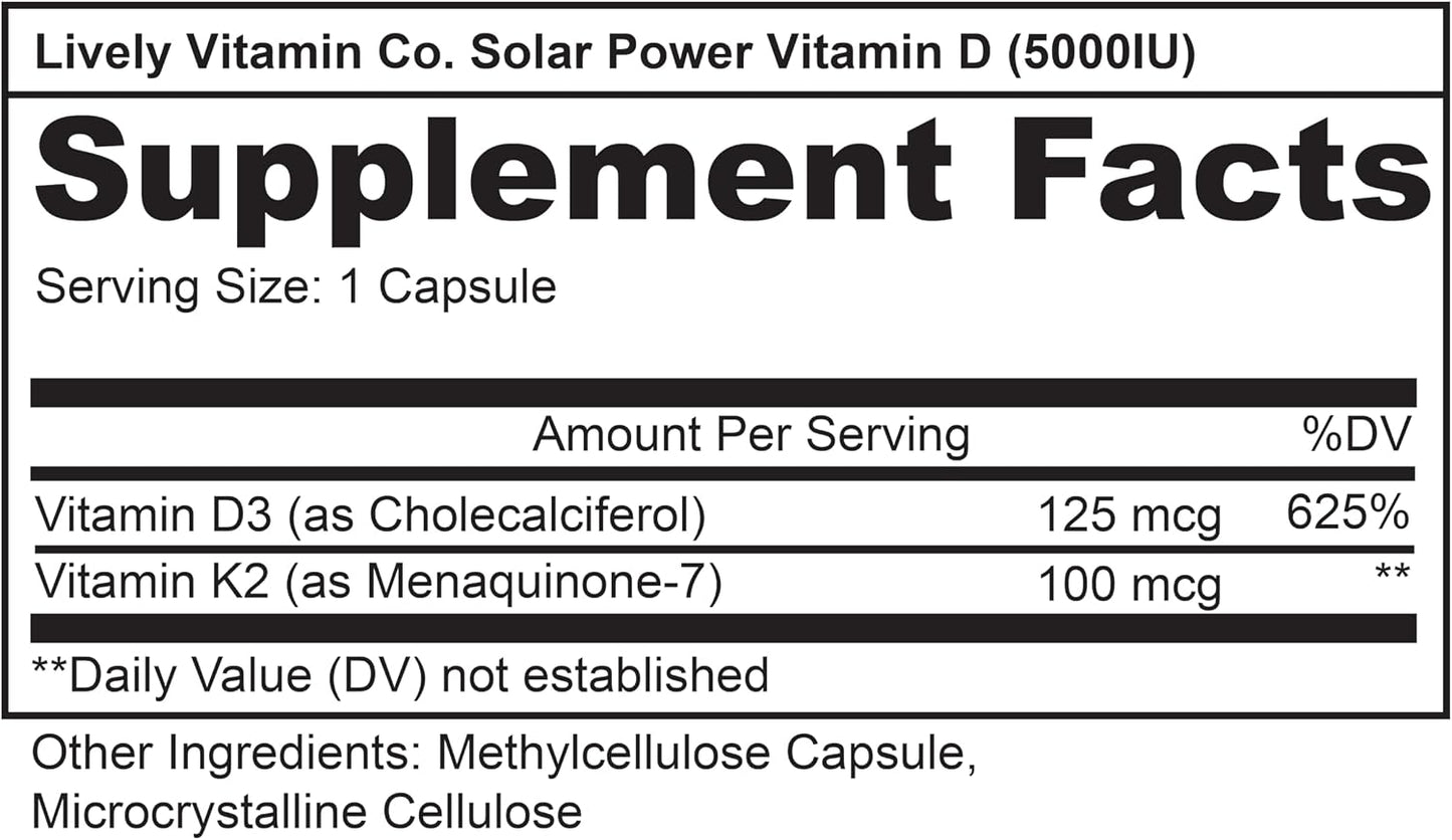 LIVELY VITAMIN CO. Solar Power Vitamin D3 5000 IU with Patented Vitamin K2 MK-7 - 60 Capsules - görsel 2