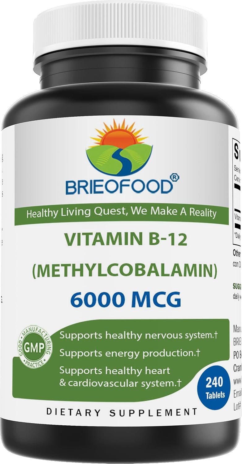Brieofood Vitamin B-12 (Methylcobalamin) 6000 mcg, 240 Tablets - Non-GMO, Gluten-free - görsel 1