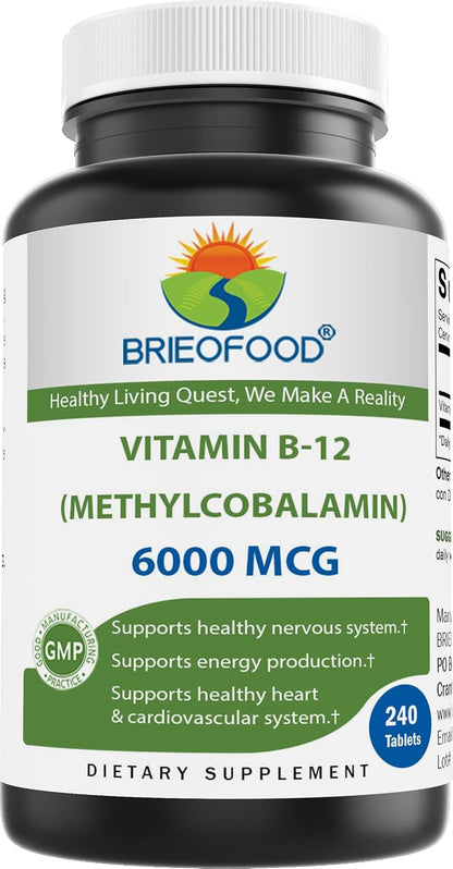 Brieofood Vitamin B-12 (Methylcobalamin) 6000 mcg, 240 Tablets - Non-GMO, Gluten-free