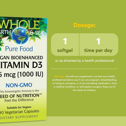 Natural Factors Whole Earth & Sea Vitamin D3, 125 mcg (5000 IU), 90 Vegetarian Capsules
