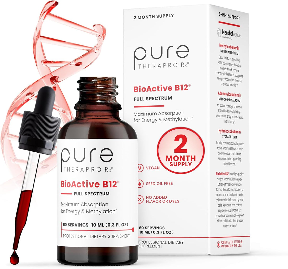 Pure Therapro Rx Vitamin B12 Food Supplement - Methylated Sublingual Liquid - 1250 µg per Drop, 3 Forms of B12, 10 ml (2-Month Supply) - görsel 1