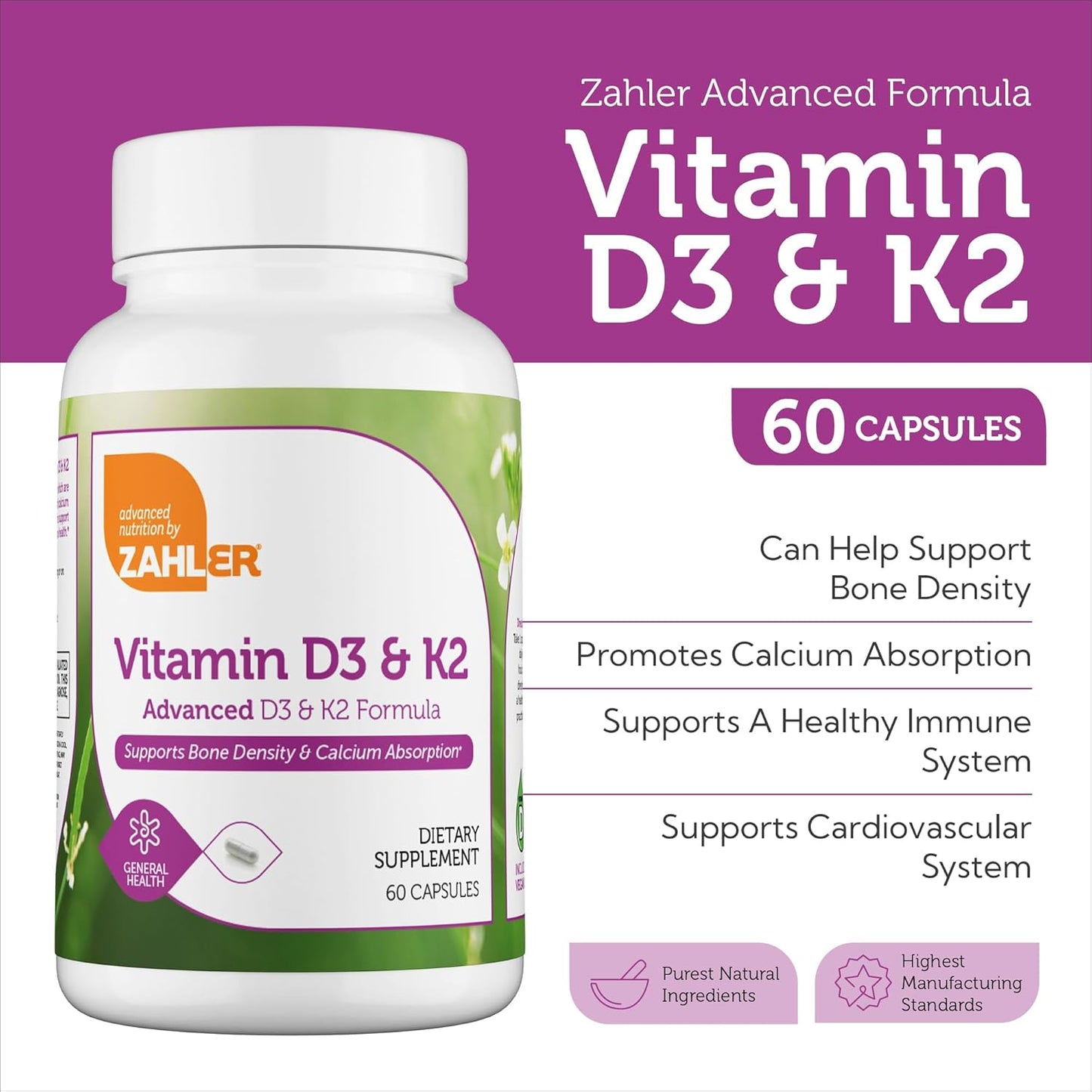 Zahler Vitamin D3 & K2 Advanced D3 & K2 Formula Supports Bone Density & Calcium Absorption, 60 Capsules. - görsel 2