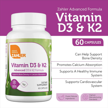 Zahler Vitamin D3 & K2 Advanced D3 & K2 Formula Supports Bone Density & Calcium Absorption, 60 Capsules.