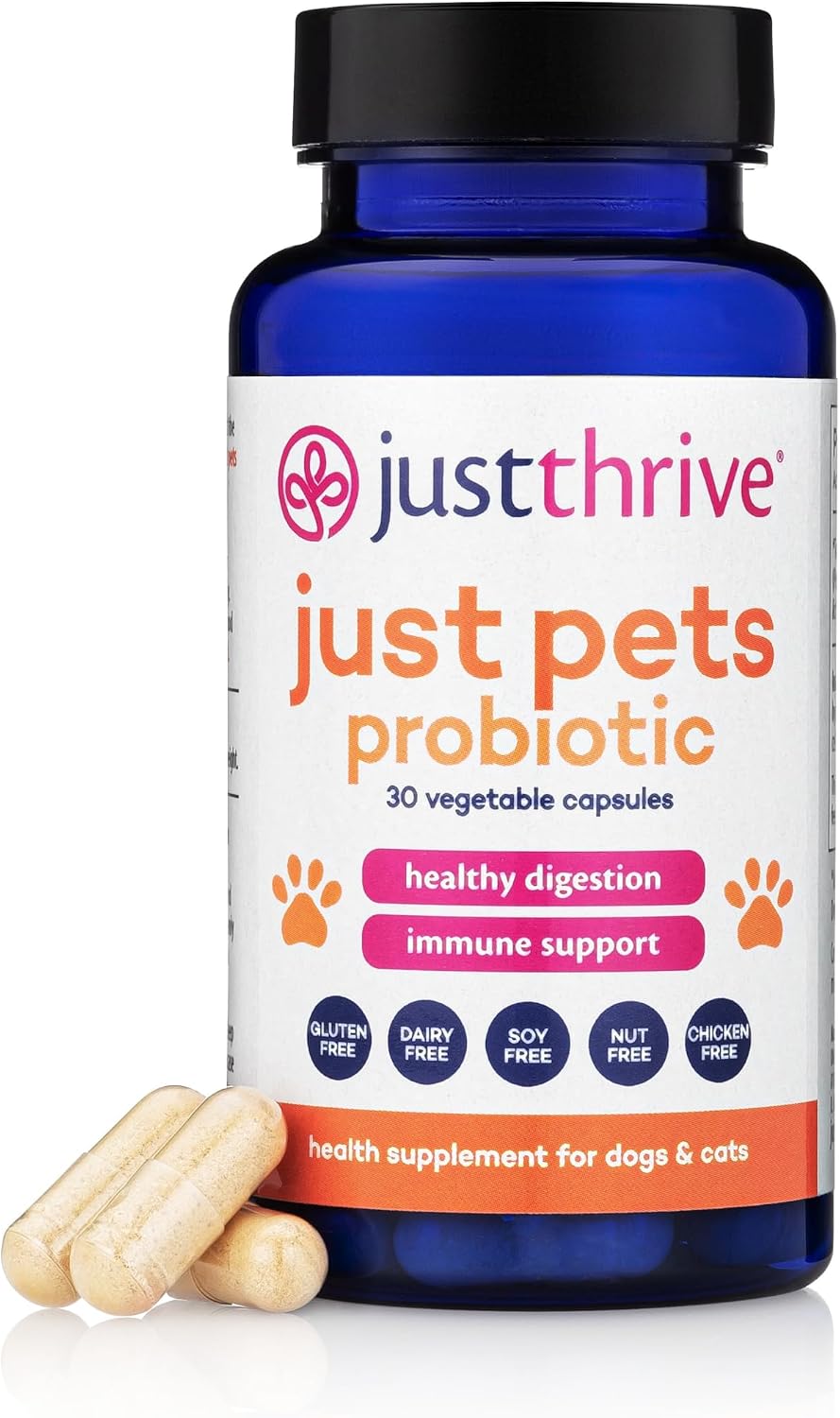 Just Thrive Just Pets Probiotic - Daily Digestive Probiotics for Dogs and Cats - 4 Billion CFUs, 30 Capsules - görsel 1