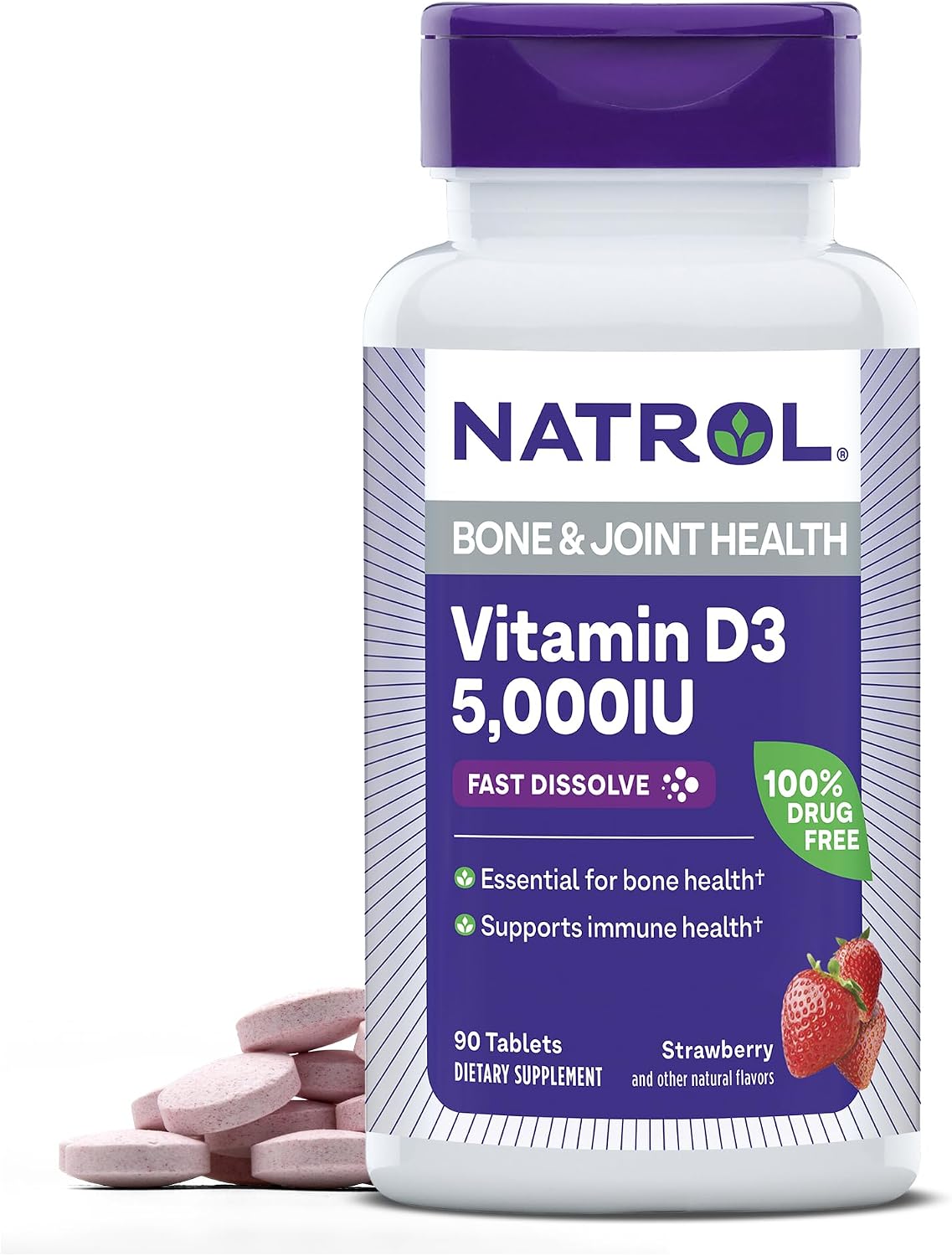 Natrol Vitamin D3 5,000 IU Fast Dissolve Tablets, Bone & Joint Health, 90 Count - görsel 1