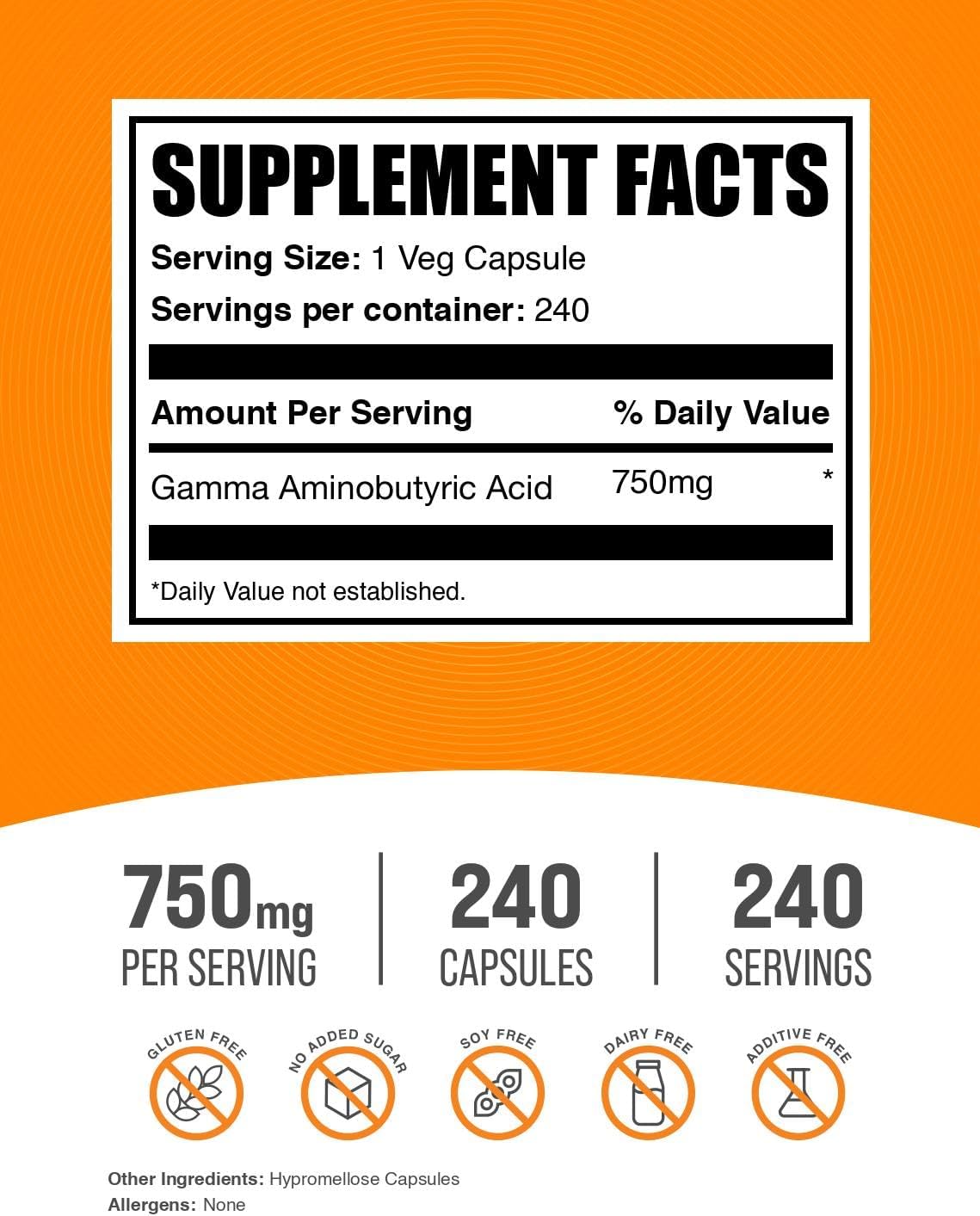 BulkSupplements Gamma-Aminobutyric Acid (GABA) 750mg Capsules, 240 Capsules - görsel 2