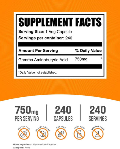 BulkSupplements Gamma-Aminobutyric Acid (GABA) 750mg Capsules, 240 Capsules